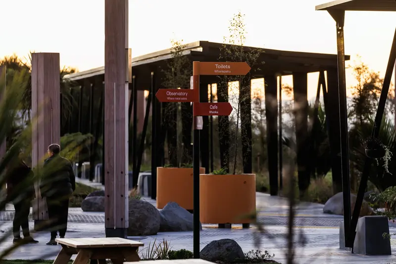 A view of the signage at the entry precinct at Te Kaaroro