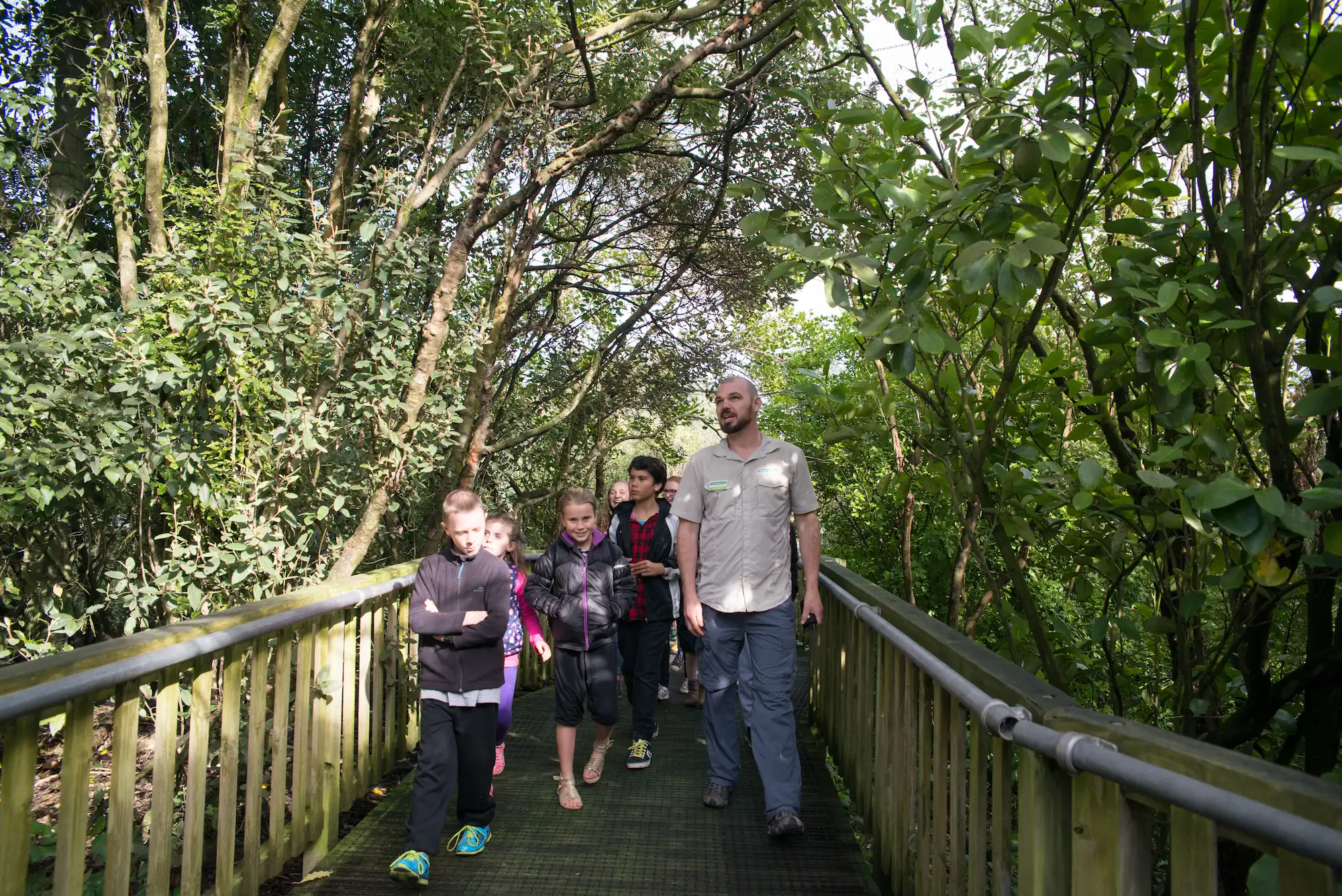 A group walking across a bridge at Hamilton Zoo