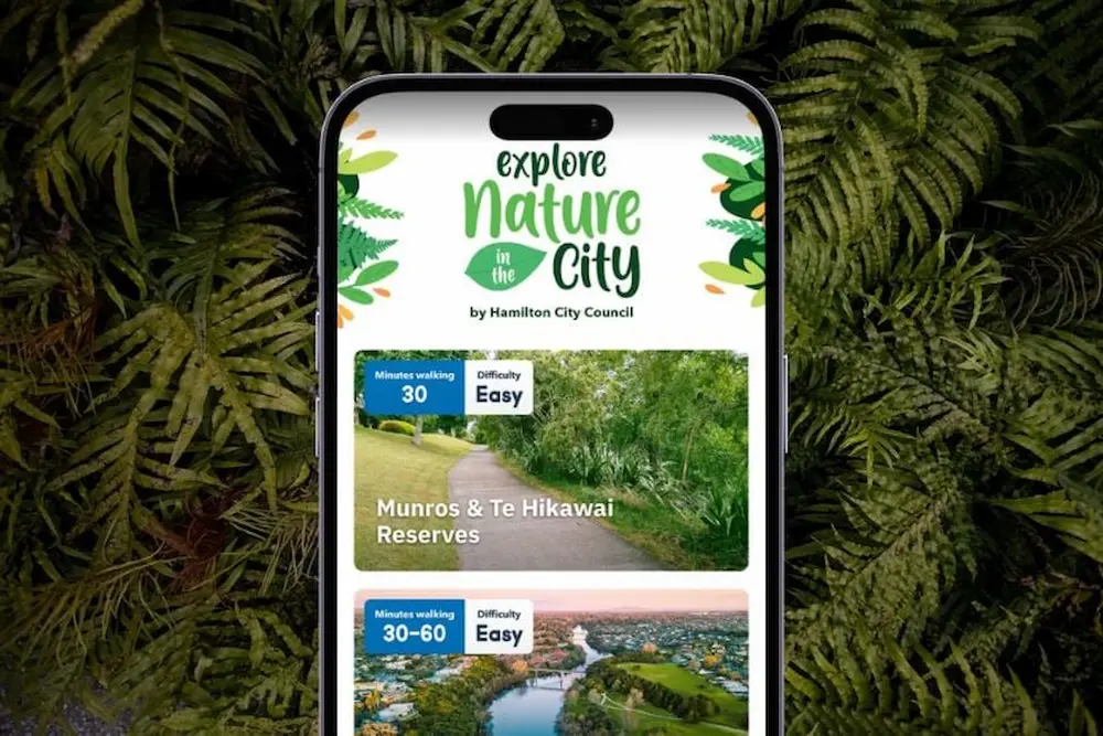 A screen from the Nature in the City app, showing walking routes in Hamilton